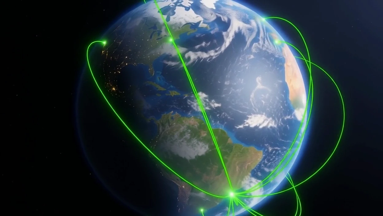 Terra realista com conexões digitais em verde, imagem do final do passeio da Imagem Web.