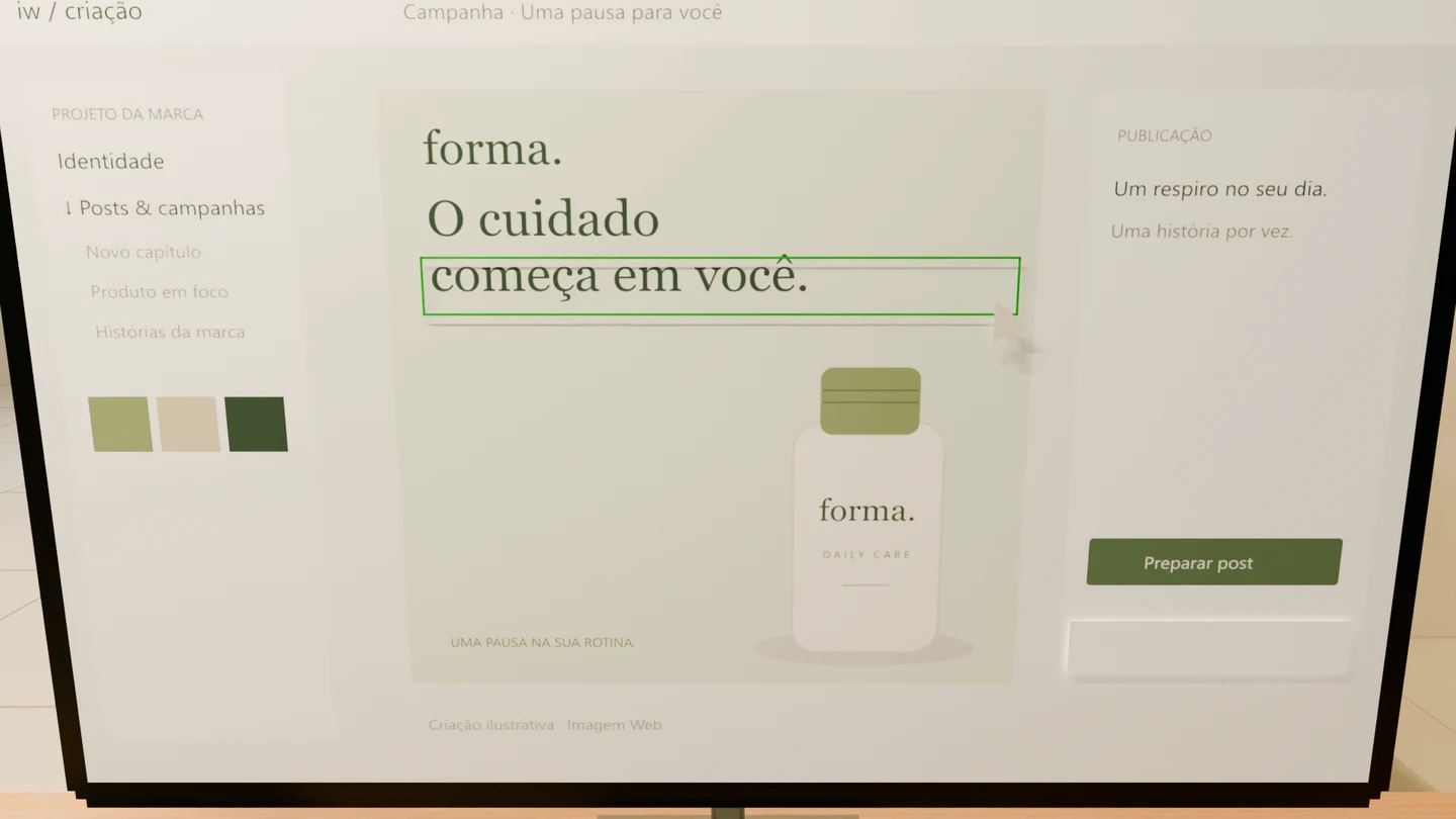 Estação de criação de conteúdo e composição de posts no escritório 3D da Imagem Web.