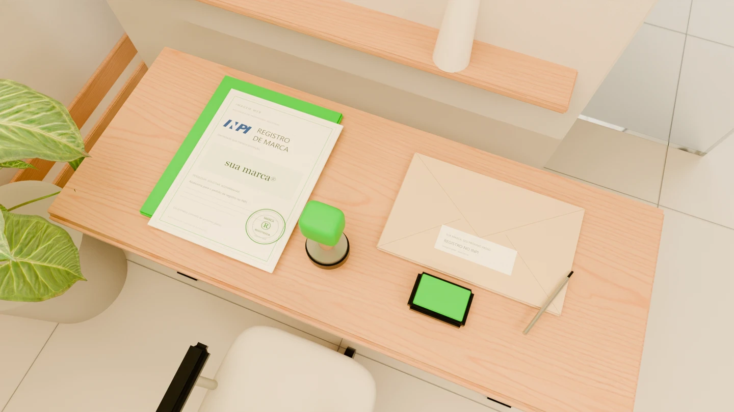 Mesa de registro de marca com documento ilustrativo, logo do INPI e carimbo no escritório 3D.